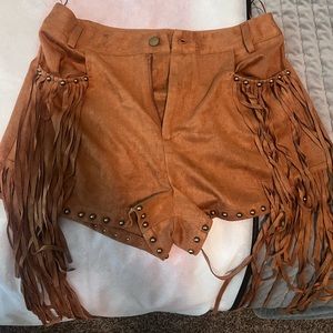 Brown suede fringe shorts
